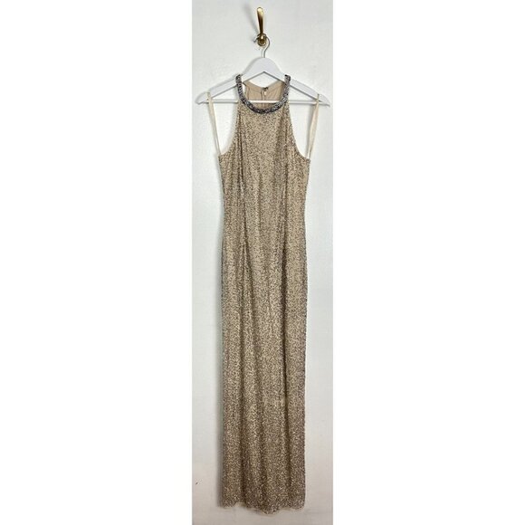MAC DUGGAL Bugle Bead Halter Sheath Gown in Nude Silver Size US 8 - Picture 3 of 12